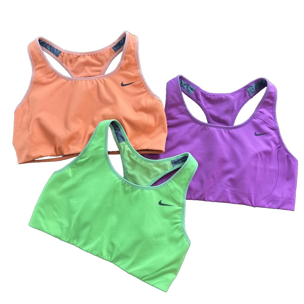 Lot of Three Nike Running Sport Bras Orange Purple Green Size Medium Dri-Fit